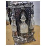 Antique Gothic Revival Silver-Plate Lantern with Six Cut-Glass Bottles & Shaker Jars