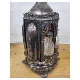 Antique Gothic Revival Silver-Plate Lantern with Six Cut-Glass Bottles & Shaker Jars