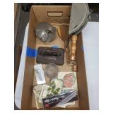 Vintage Christmas Cards & Kitchen Tools in Cardboard Box