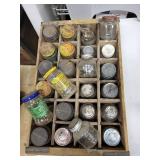 Antique Glass Apothecary Jars in 24-Compartment Wooden Box