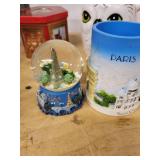 Paris-Themed Decor Lot: Owl Mug, Snow Globe, Paris Mug, Tin & Figurine (Lot of 5)