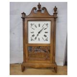Elgin Mantel Clock - Carved Oak Case, Roman Dial, Scenic Lower Panel
