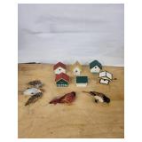Miniature Wooden Birdhouse Set with Painted Birds - Hand-Painted Decor
