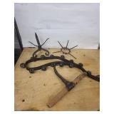 Antique Forged Iron Fireplace Tools - Wood-Handle Hook, Five-Arm Star, Ring with Spheres (3-Piece Set)