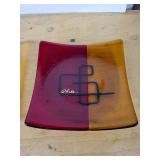 Opal Glass Plate Pair - Red & Amber Two-Tone with Black Geometric Overlay