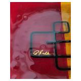 Opal Glass Plate Pair - Red & Amber Two-Tone with Black Geometric Overlay