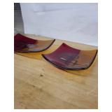 Opal Glass Plate Pair - Red & Amber Two-Tone with Black Geometric Overlay
