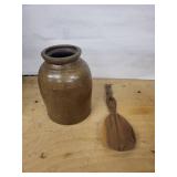 Stoneware Jar with Carved Wooden Serving Scoop - Brown Glaze