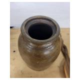 Stoneware Jar with Carved Wooden Serving Scoop - Brown Glaze