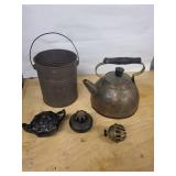 Antique Cast Iron Teapot & Accessories Set - Kettle, Bucket & Lids