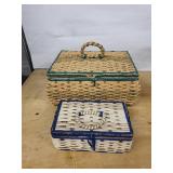 Vintage Wicker Sewing Box Set - Large Teal-Trim Basket & Small Blue Box with Tools