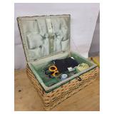 Vintage Wicker Sewing Box Set - Large Teal-Trim Basket & Small Blue Box with Tools