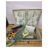 Vintage Wicker Sewing Box Set - Large Teal-Trim Basket & Small Blue Box with Tools