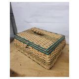 Vintage Wicker Sewing Box Set - Large Teal-Trim Basket & Small Blue Box with Tools