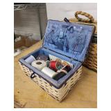 Vintage Wicker Sewing Box Set - Large Teal-Trim Basket & Small Blue Box with Tools