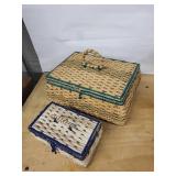 Vintage Wicker Sewing Box Set - Large Teal-Trim Basket & Small Blue Box with Tools