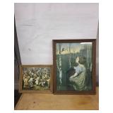 Framed Vintage Prints - Girl in Forest Scene & Crowded Outdoor Scene (Lot of 2)