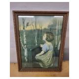 Framed Vintage Prints - Girl in Forest Scene & Crowded Outdoor Scene (Lot of 2)