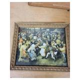 Framed Vintage Prints - Girl in Forest Scene & Crowded Outdoor Scene (Lot of 2)