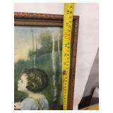 Framed Vintage Prints - Girl in Forest Scene & Crowded Outdoor Scene (Lot of 2)