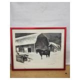 Framed Print - Snowy Farm Scene with Horse, Red Frame, Signed