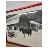Framed Print - Snowy Farm Scene with Horse, Red Frame, Signed