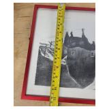 Framed Print - Snowy Farm Scene with Horse, Red Frame, Signed
