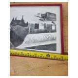 Framed Print - Snowy Farm Scene with Horse, Red Frame, Signed