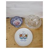 Crystal Cut Glass Compote Bowl, Delft-Style Blue Rimmed Bowl, Danish Floral Plate (Lot of 3)