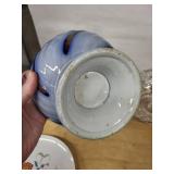 Crystal Cut Glass Compote Bowl, Delft-Style Blue Rimmed Bowl, Danish Floral Plate (Lot of 3)