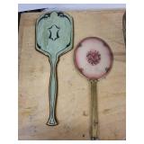 Vintage Amber Hand Mirror, Pink Art-Glass Hand Mirror & Wire Vanity Basket