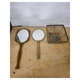 Vintage Amber Hand Mirror, Pink Art-Glass Hand Mirror & Wire Vanity Basket