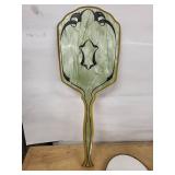 Vintage Amber Hand Mirror, Pink Art-Glass Hand Mirror & Wire Vanity Basket