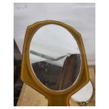 Vintage Amber Hand Mirror, Pink Art-Glass Hand Mirror & Wire Vanity Basket