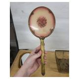 Vintage Amber Hand Mirror, Pink Art-Glass Hand Mirror & Wire Vanity Basket