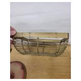 Vintage Amber Hand Mirror, Pink Art-Glass Hand Mirror & Wire Vanity Basket