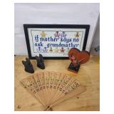 BEK 1001 Cross-Stitch Framed Wall Art and 2 Black Swan Figurines, Wooden Hand Fan and Heart Decor