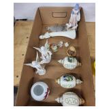 Porcelain Angel Figurines Lot with Landscape Egg Ornaments and a Lady with Chickens