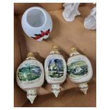 Porcelain Angel Figurines Lot with Landscape Egg Ornaments and a Lady with Chickens