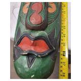 Carved Green Wooden Tiki Mask - Hand-Carved Tribal Sculpture, 34in Tall