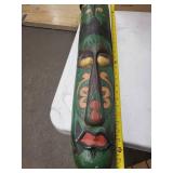 Carved Green Wooden Tiki Mask - Hand-Carved Tribal Sculpture, 34in Tall