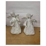 Pair of White Ceramic Angel Figurines with Gold Star Accents - Musical Angels