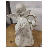 Pair of White Ceramic Angel Figurines with Gold Star Accents - Musical Angels