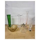Glass Vase Collection - Emerald Green Diamond Vase, Clear Wavy-Top Vase, Pink Fluted Vase, Amber Bowl, Sugar Jar, Crystal Goblet