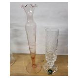 Glass Vase Collection - Emerald Green Diamond Vase, Clear Wavy-Top Vase, Pink Fluted Vase, Amber Bowl, Sugar Jar, Crystal Goblet