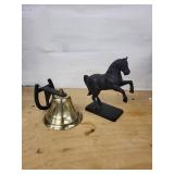 Horse Figurine on Base & Brass Desk Bell with Wall Bracket - Vintage Metal Decor