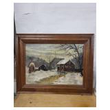 Oil Painting - Winter Landscape of Snowy Farm Barn in Wood Frame