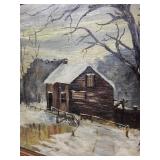Oil Painting - Winter Landscape of Snowy Farm Barn in Wood Frame