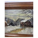 Oil Painting - Winter Landscape of Snowy Farm Barn in Wood Frame