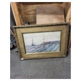 Seascape Painting with Sailboats & Lighthouse in Ornate Gilded Frame